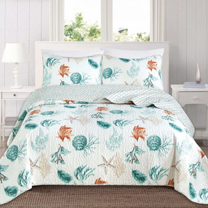 3 Piece Nautical Reversible Quilt Set with Shams 100% Brushed Microfiber Seashell Beach Theme Coastal Bedspread Coverlet