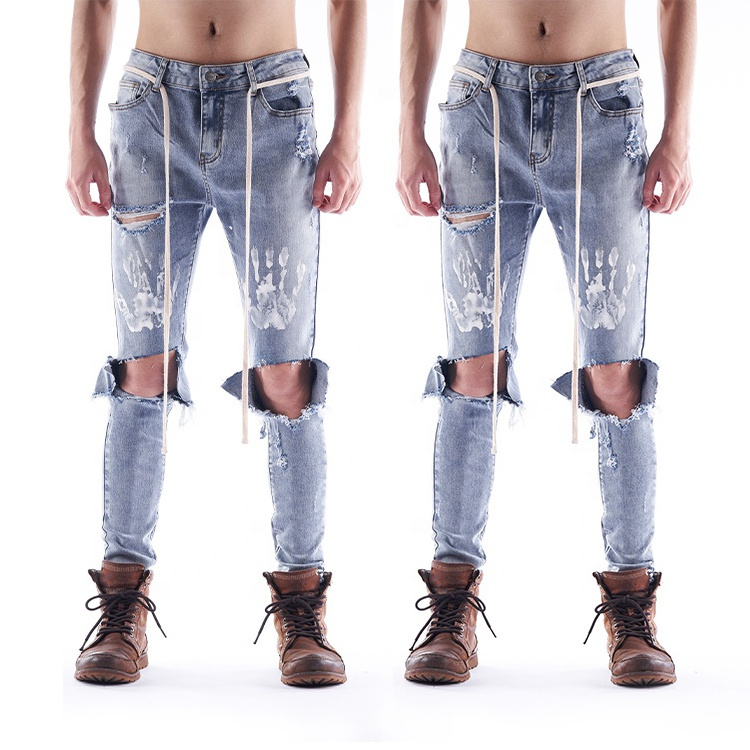 OEM/ODM High Quality Customized Logo New Style Wholesale Crazy Fashion Knee Hole Skinny Men's Denim Jeans In Bulk