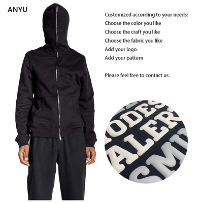 Custom puff printing hoodie custom 12oz 320gsm unisex full face zip hoodie jacket custom blank cotton full zip up hoodies