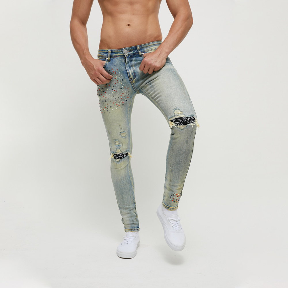 OEM/ODM New Design Customized Logo Heavy Washed Distressed Rhinestones Jeans With Hole Patches Men Jeans Trousers