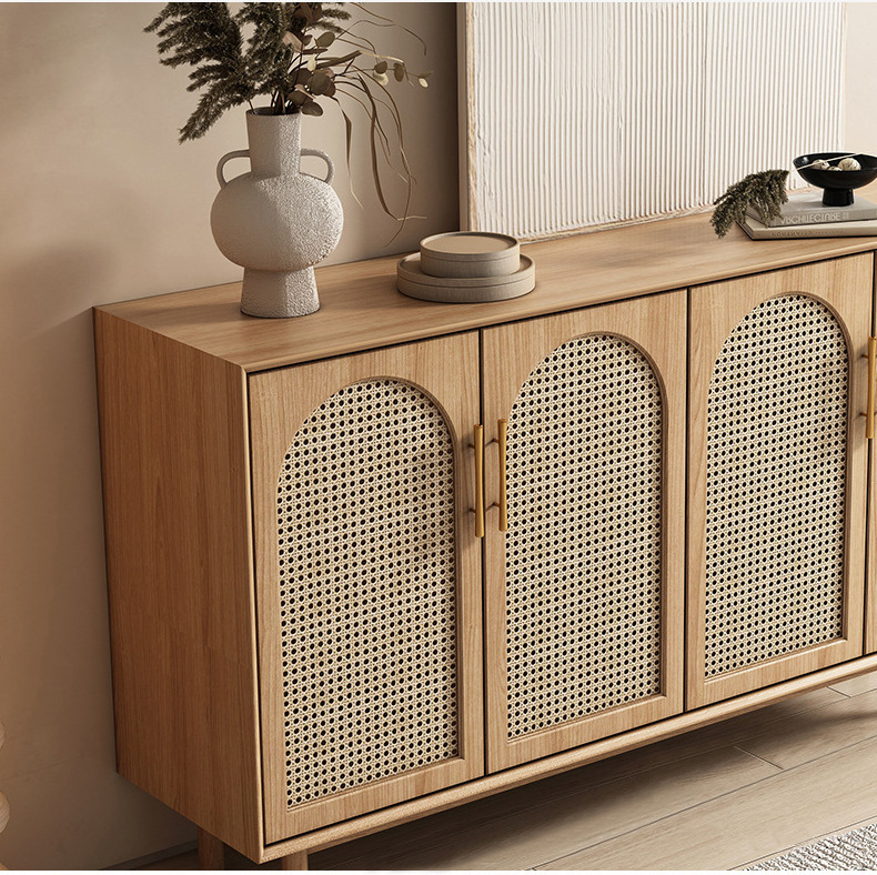 Solid Wood Rattan Sideboard Home Living Room Four-door Storage Cabinet Modern Creative Porch Cabinet