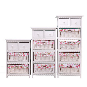 White Living Room Home Furniture Storage Solid Wood Wooden Cabinet With Rattan Baskets Drawers