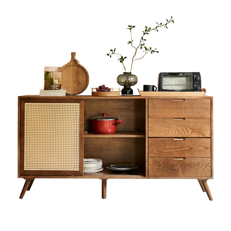 Japanese-style Household Solid Wooden Rattan Sideboard Kitchen Living Room Ash Wood Storage Bucket Side Cabinet