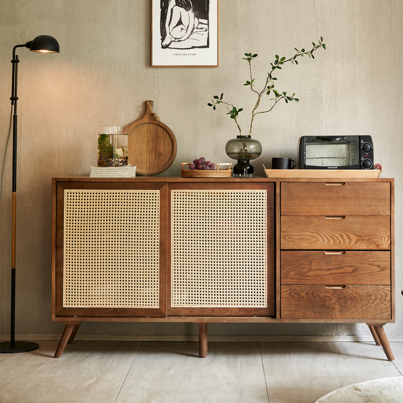 Japanese-style Household Solid Wooden Rattan Sideboard Kitchen Living Room Ash Wood Storage Bucket Side Cabinet