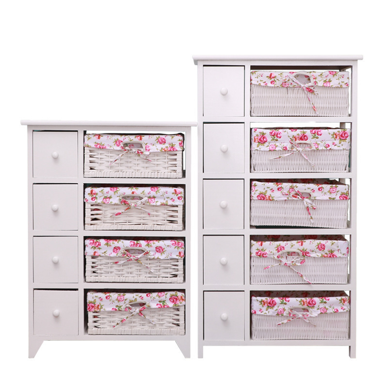 White Living Room Home Furniture Storage Solid Wood Wooden Cabinet With Rattan Baskets Drawers