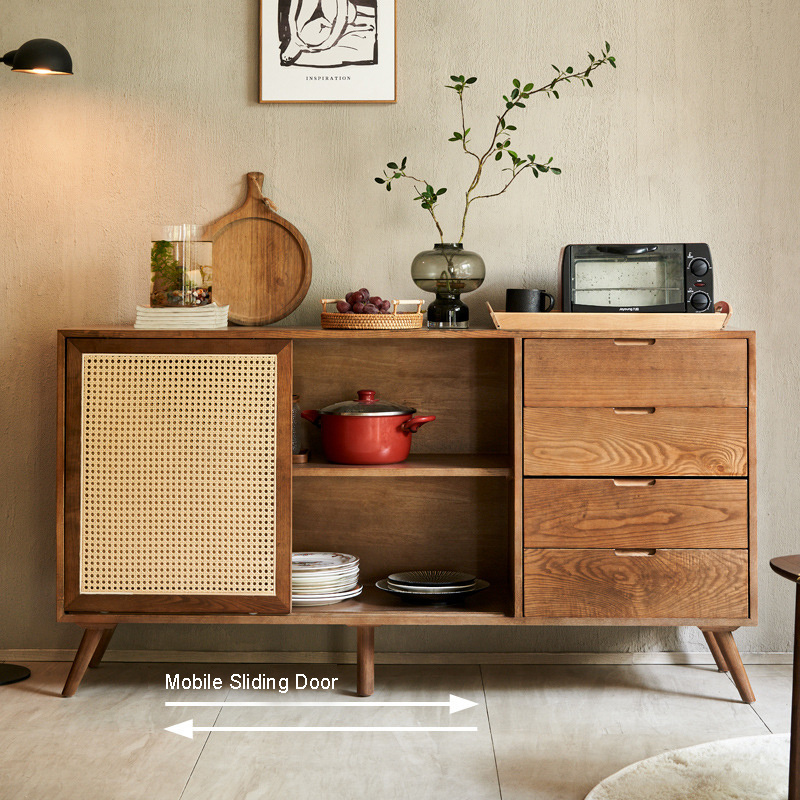 Japanese-style Household Solid Wooden Rattan Sideboard Kitchen Living Room Ash Wood Storage Bucket Side Cabinet