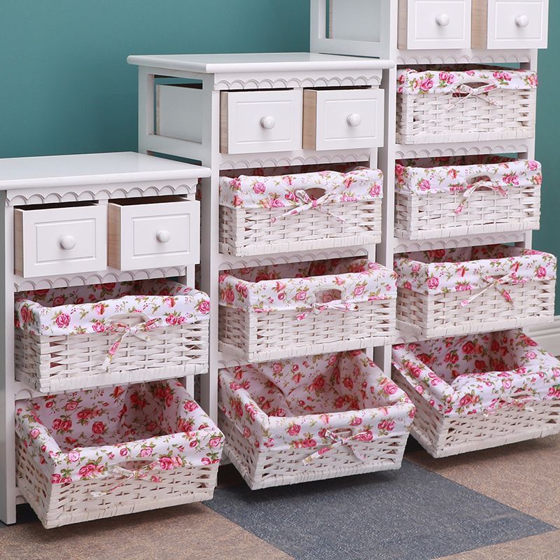 White Living Room Home Furniture Storage Solid Wood Wooden Cabinet With Rattan Baskets Drawers