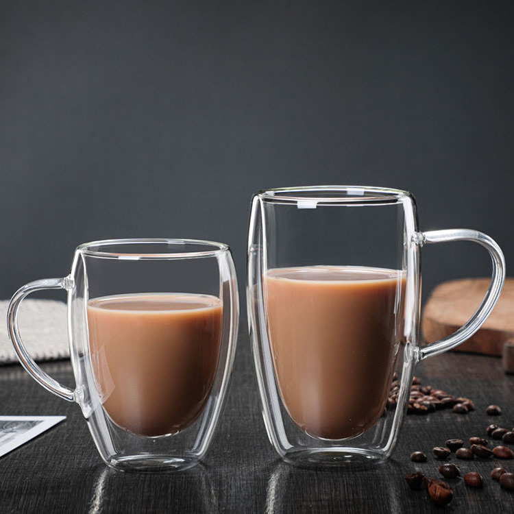 Wholesale Customized logo handmade high borosilicate double wall glass coffee cup with handle