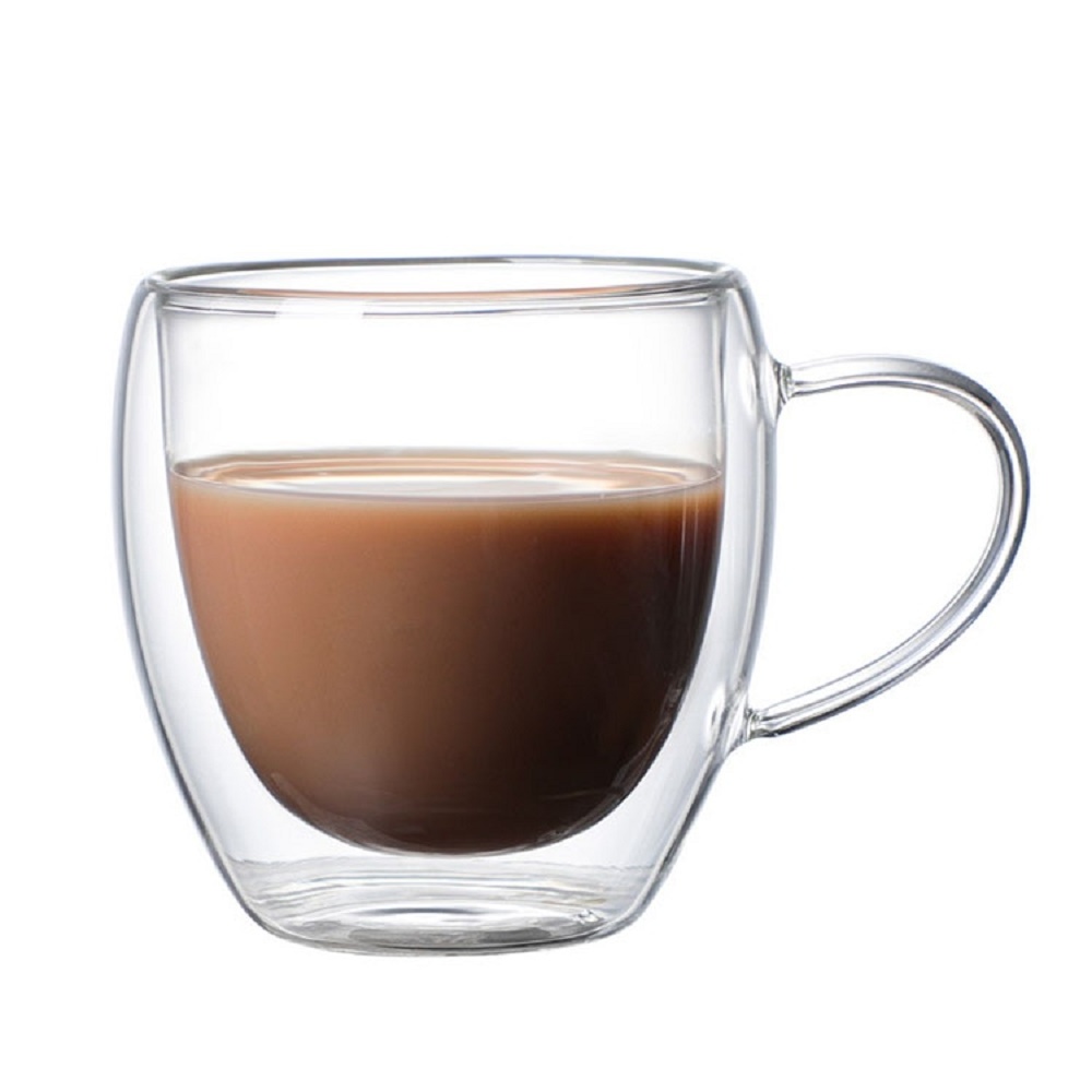 Wholesale Customized logo handmade high borosilicate double wall glass coffee cup with handle