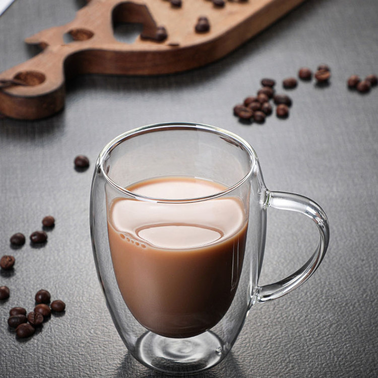 Wholesale Customized logo handmade high borosilicate double wall glass coffee cup with handle