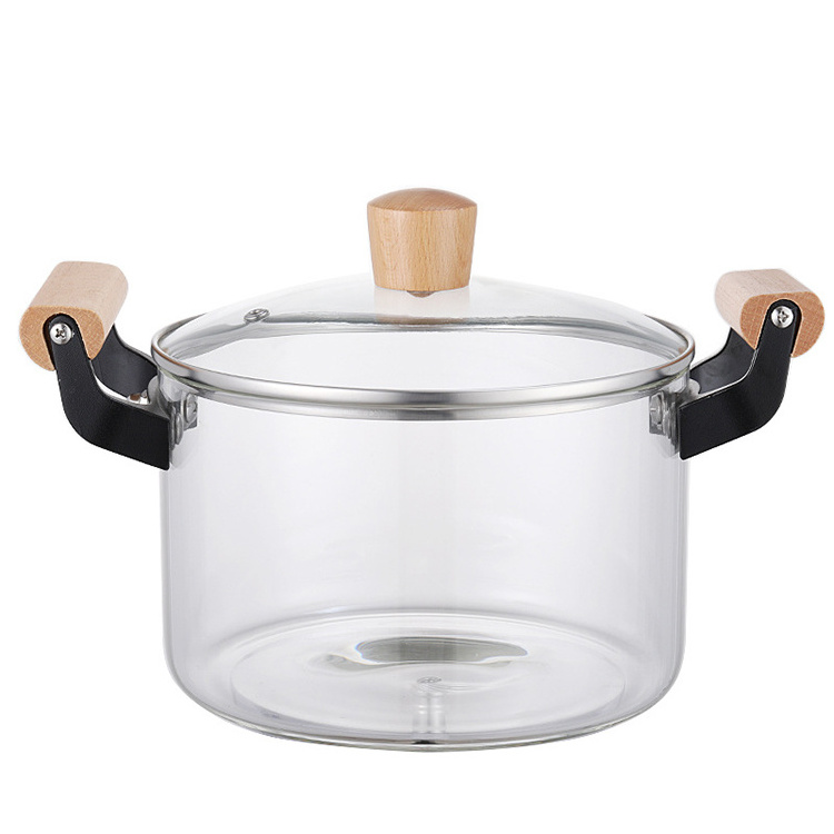 Hot sellers large capacity wood handle cookware 3L 4L high borosilicate glass cooking pot