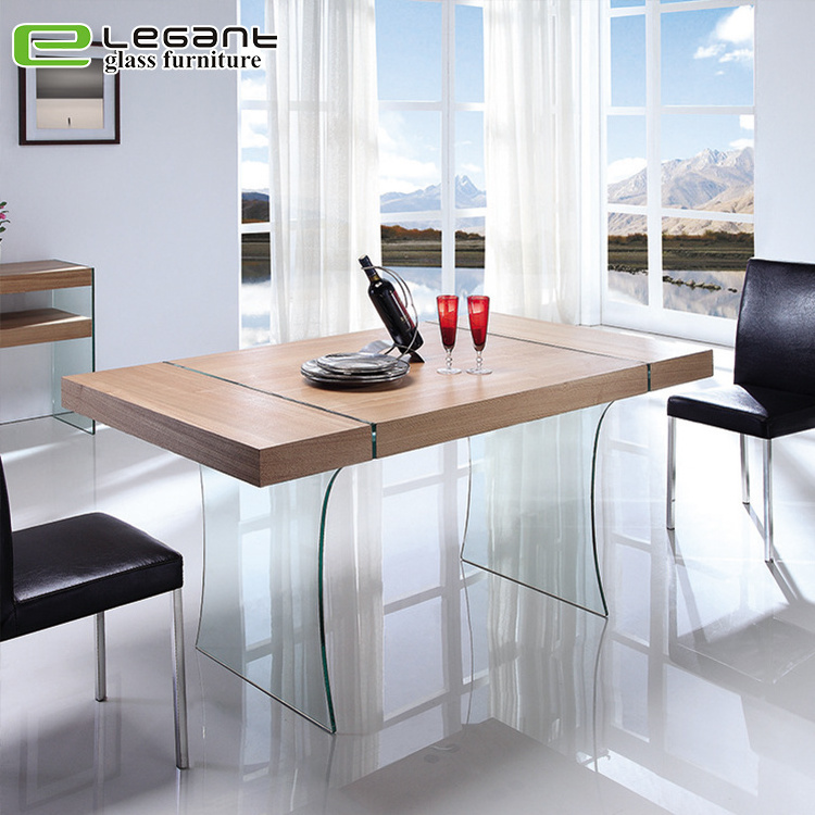 Ash Wood Veneer Dining Table with Clear Tempered Glass Legs