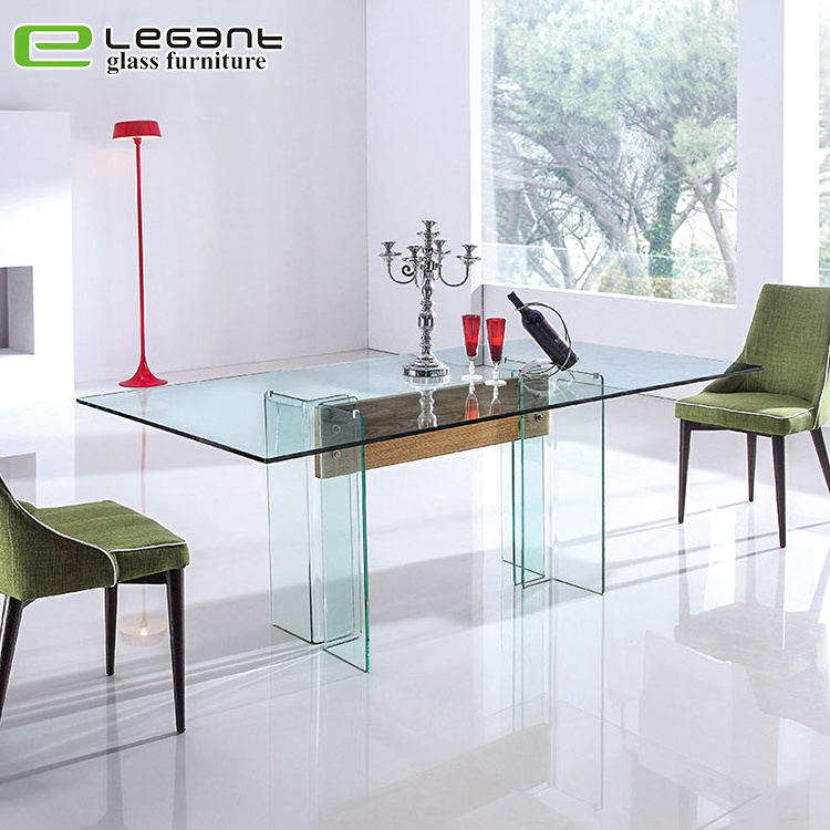 Ash Wood Veneer Dining Table with Clear Tempered Glass Legs