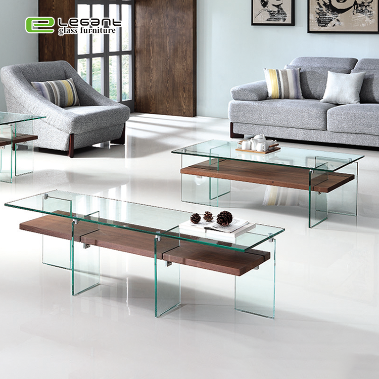 Single Side Bent Glass Coffee Table With Stainless Steel Ball