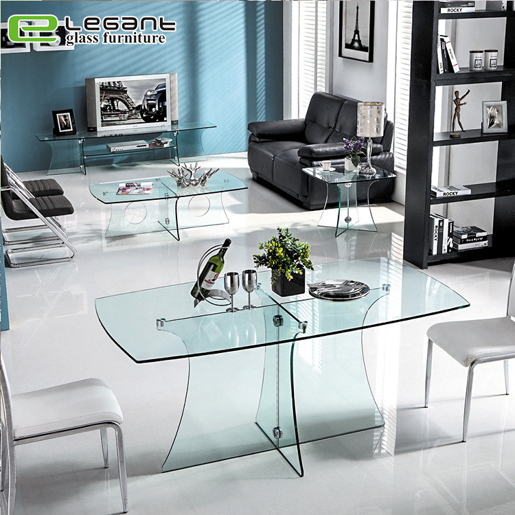 Ash Wood Veneer Dining Table with Clear Tempered Glass Legs