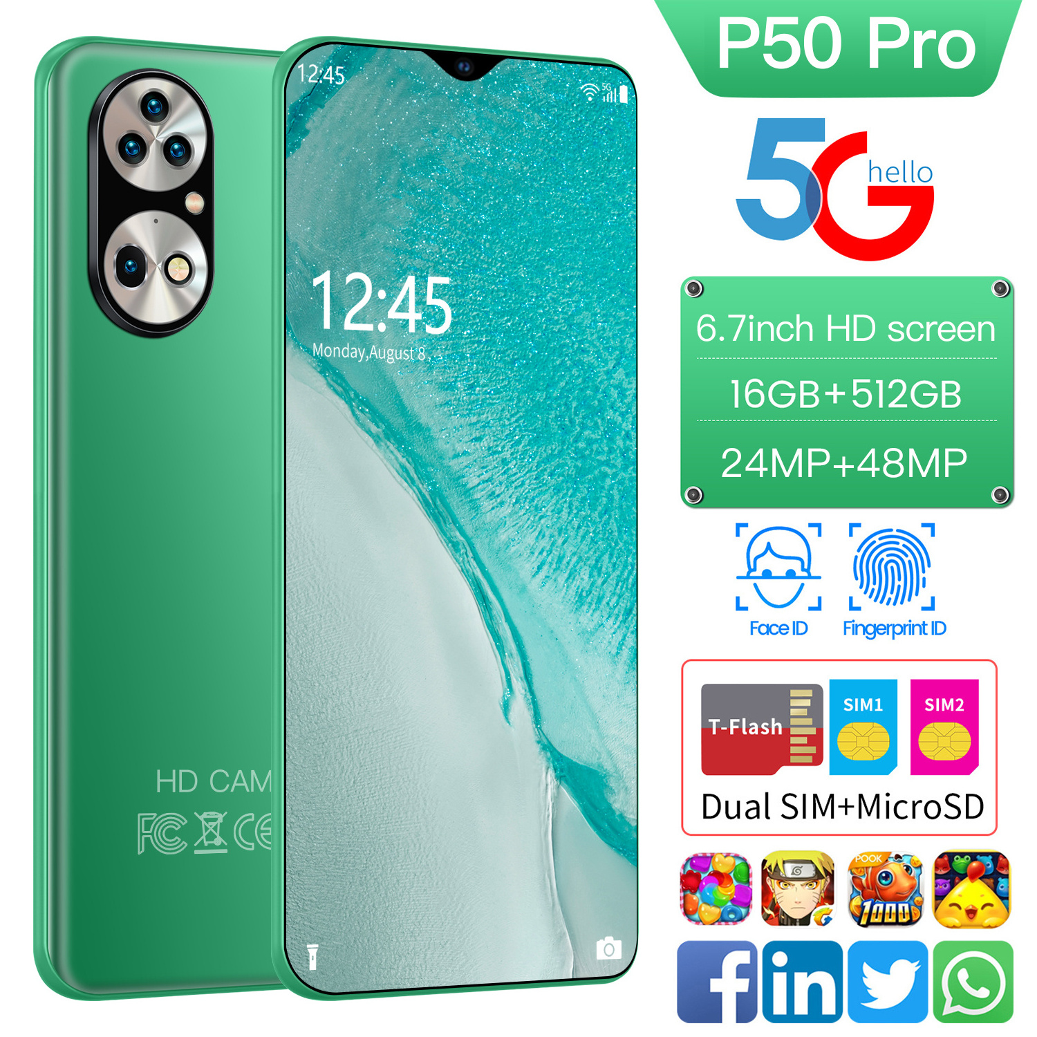 New  P50 Pro Smartphone 6.7inch 24MP+48MP HD Camera 16+512G 6000mAh Dual SIM Support Wifi 5G Unlocked  Mobile Phones Cellphone