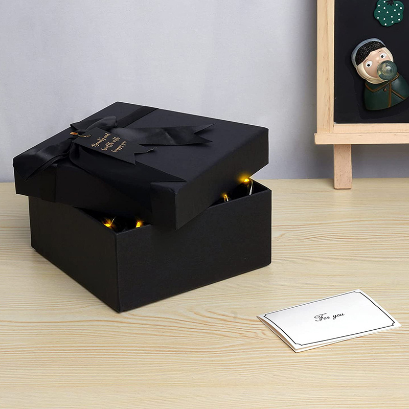 Large Black Gift Box with LED String Lights Greeting Card Lid and Base Boxes for Big Gifts