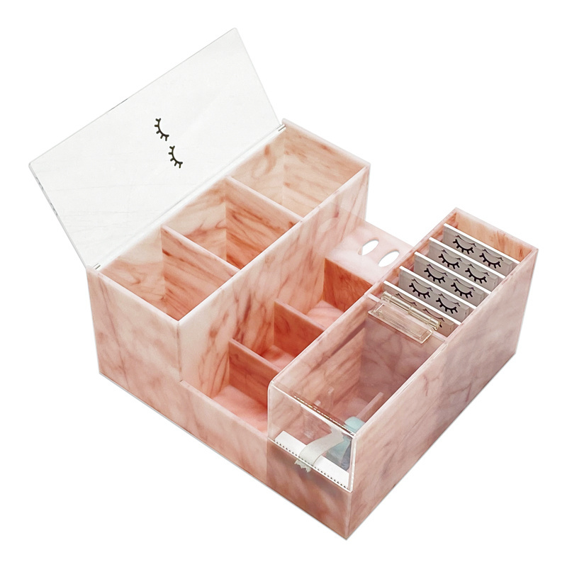 Pink Marble Lash Acrylic Organizer Eyelash Extension Organizer with Lash Tape Cutter for Beauty Salon Tool Storage Organizer