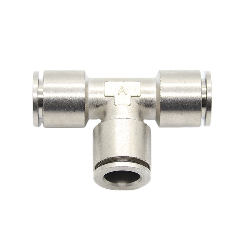 pneumatic fittings HE 3 way T type metal brass air hose push in quick PU hose quick connector copper pneumatic air hose fittings