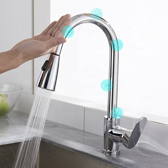 Copper hot cold water two-stage touch sensor kitchen faucet with pull down sprayer