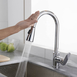 Copper hot cold water two-stage touch sensor kitchen faucet with pull down sprayer