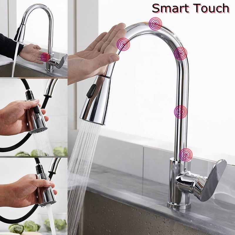 Copper hot cold water two-stage touch sensor kitchen faucet with pull down sprayer