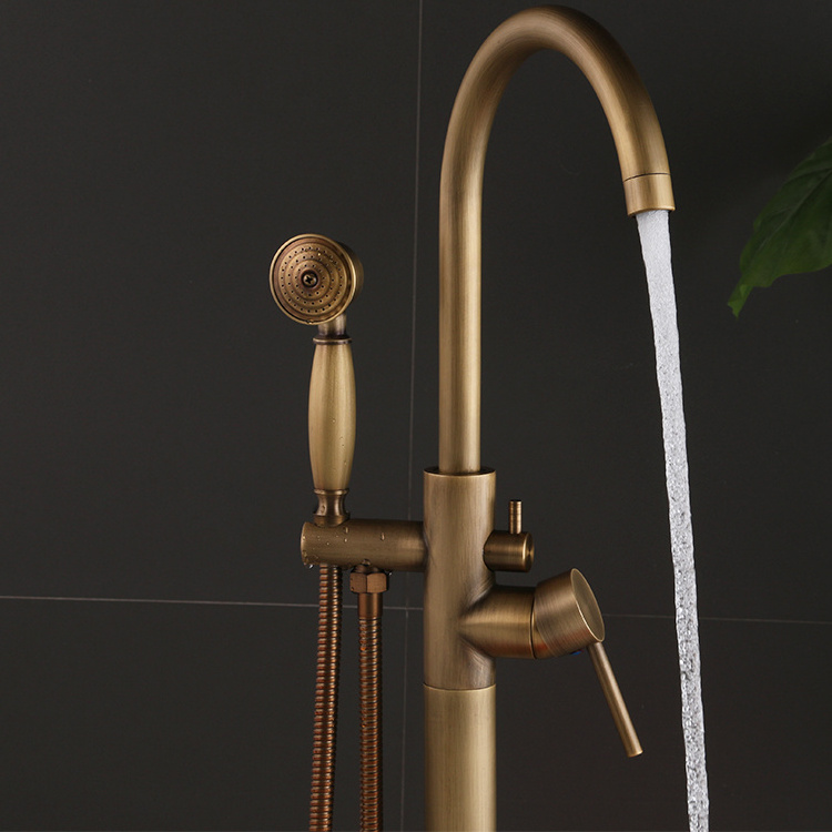 Classic Golden Hand Shower Free Standing Bathtub Mixer Taps Floor Stand Bathtub Faucet for Bathroom