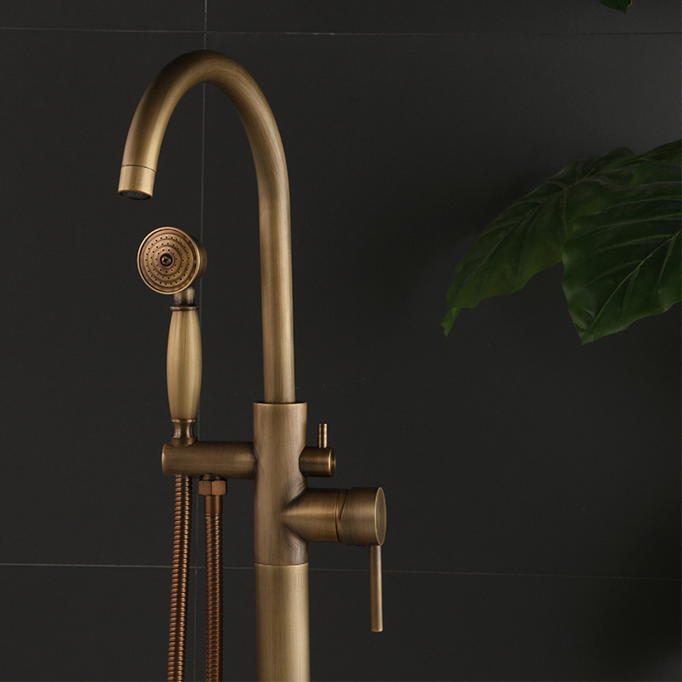 Classic Golden Hand Shower Free Standing Bathtub Mixer Taps Floor Stand Bathtub Faucet for Bathroom