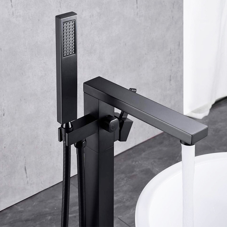 Modern Bathroom Floor Freestanding Bathtub Faucet Black Floor Mounted Bath Tap Faucet with Hand Shower