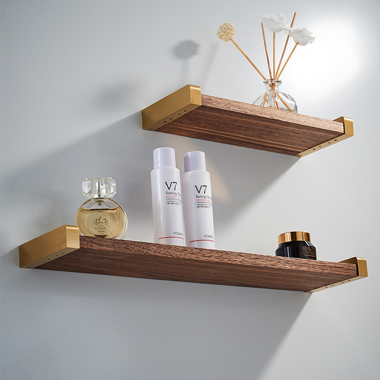 Single Tier Brushed Golden Bathroom Shower Caddy Shelf Wall Mounted Aluminum Shower Shelf Walnut Wood