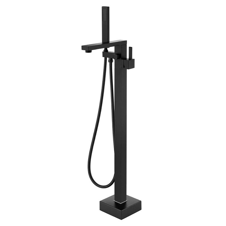 Modern Bathroom Floor Freestanding Bathtub Faucet Black Floor Mounted Bath Tap Faucet with Hand Shower