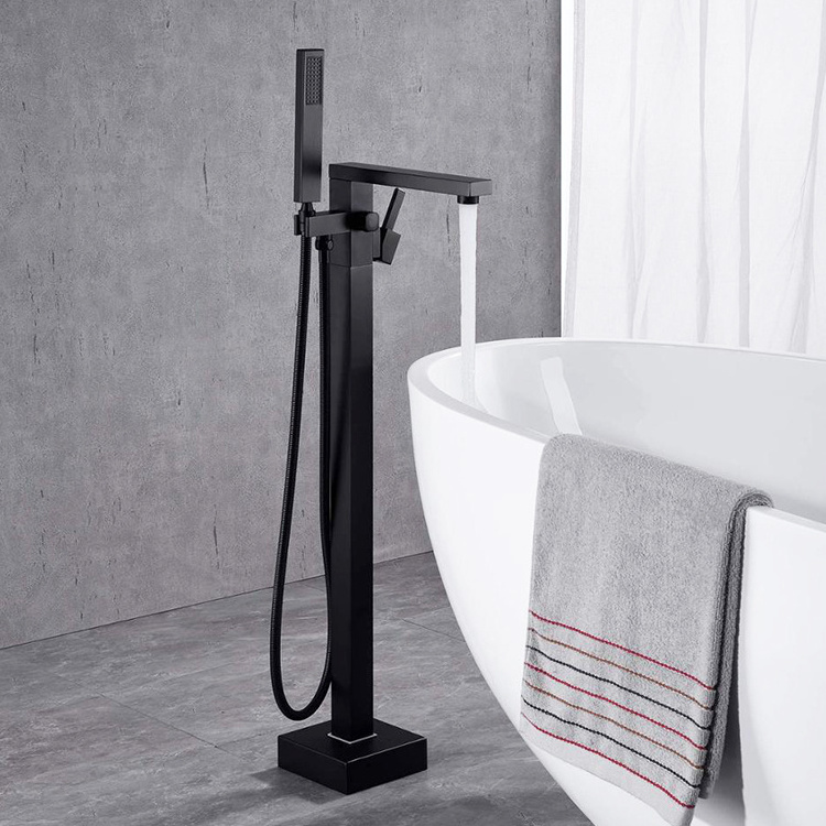 Modern Bathroom Floor Freestanding Bathtub Faucet Black Floor Mounted Bath Tap Faucet with Hand Shower