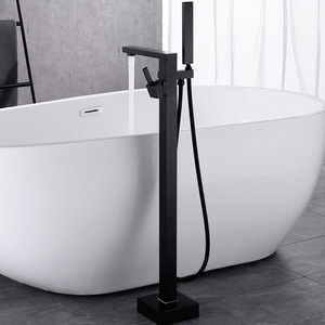 Modern Bathroom Floor Freestanding Bathtub Faucet Black Floor Mounted Bath Tap Faucet with Hand Shower