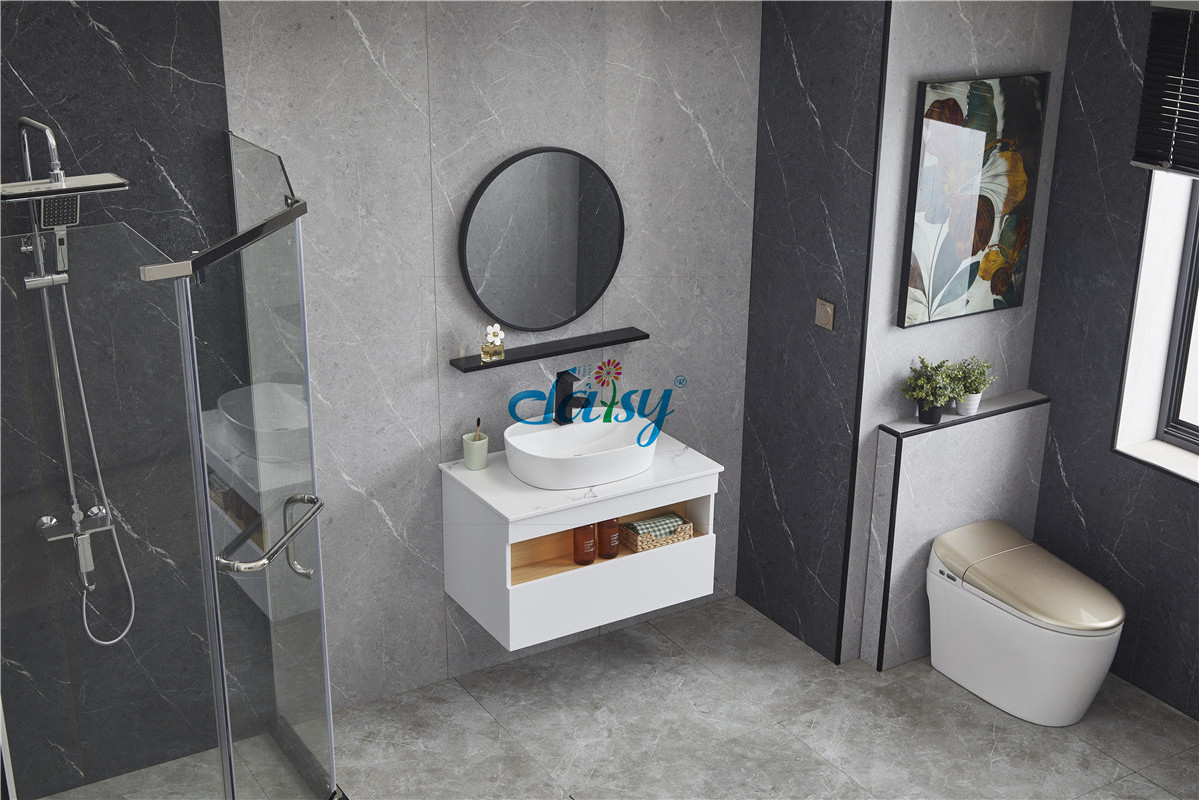 D Slim Cement Oval Gloss Corner Counter Basin Room Modern Top  Bathroom Vanity With Mirrored Cabinet