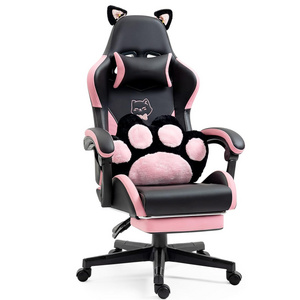 Cute Gaming Chair with Cat Paw Lumbar Cushion and Cat Ears Ergonomic Computer Chair with Footrest Reclining PC Pink Game Chair