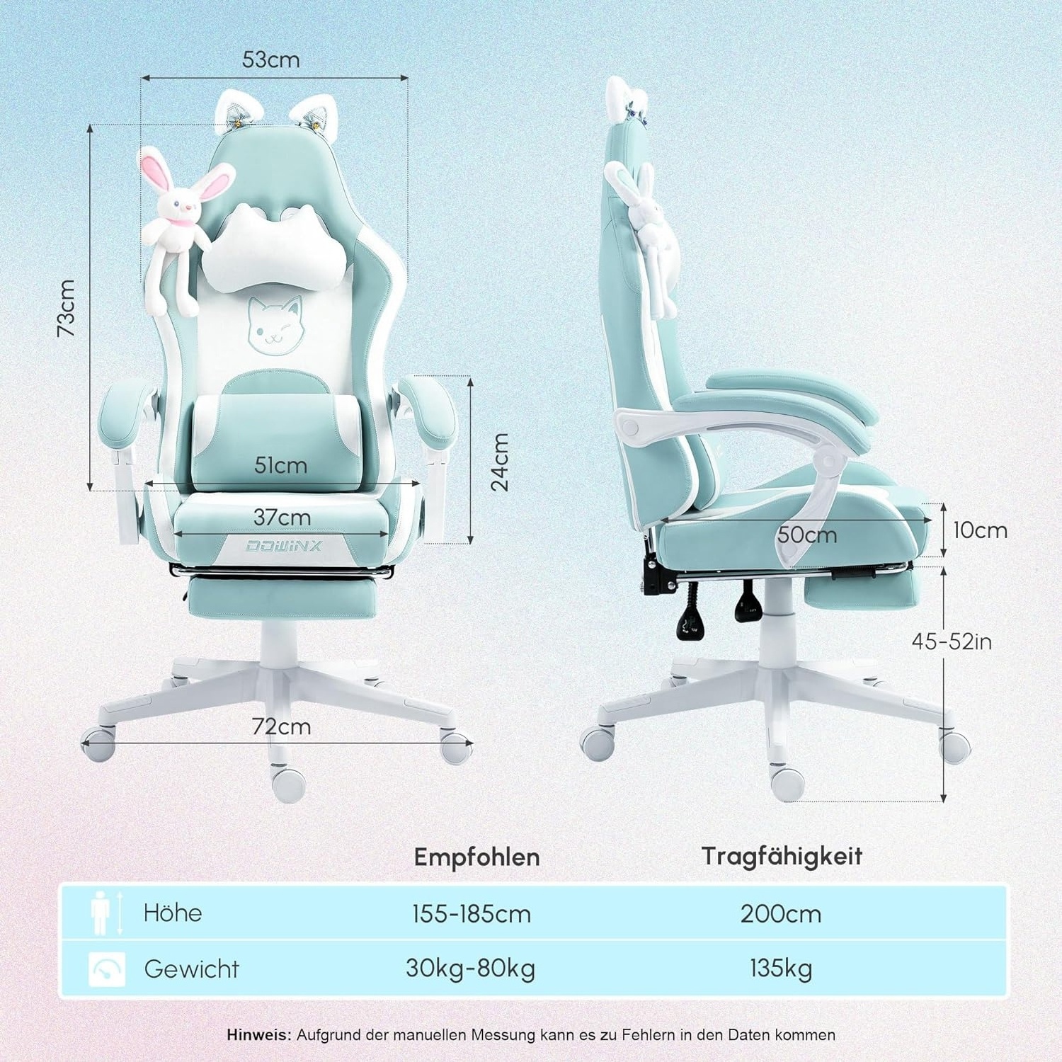 Hot Popular Germany De Gaming Stuhl Light Blue Green Recliner Sofa Chaise High Back Gaming Ergonomic Computer Chair with Rabbit