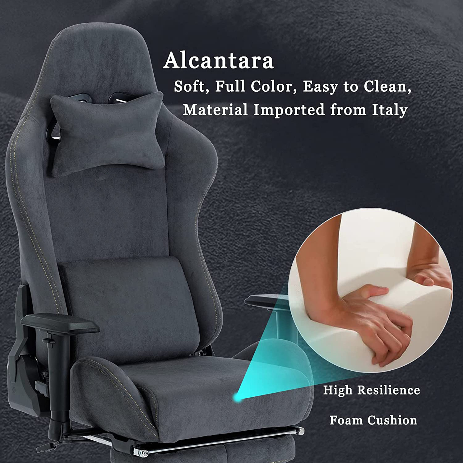 Gray Technology Alcantara Fabric Gamer Chair Vintage Victory Style Adjustable 3D Arms Swivel Lift Gaming Chairs with Footrest