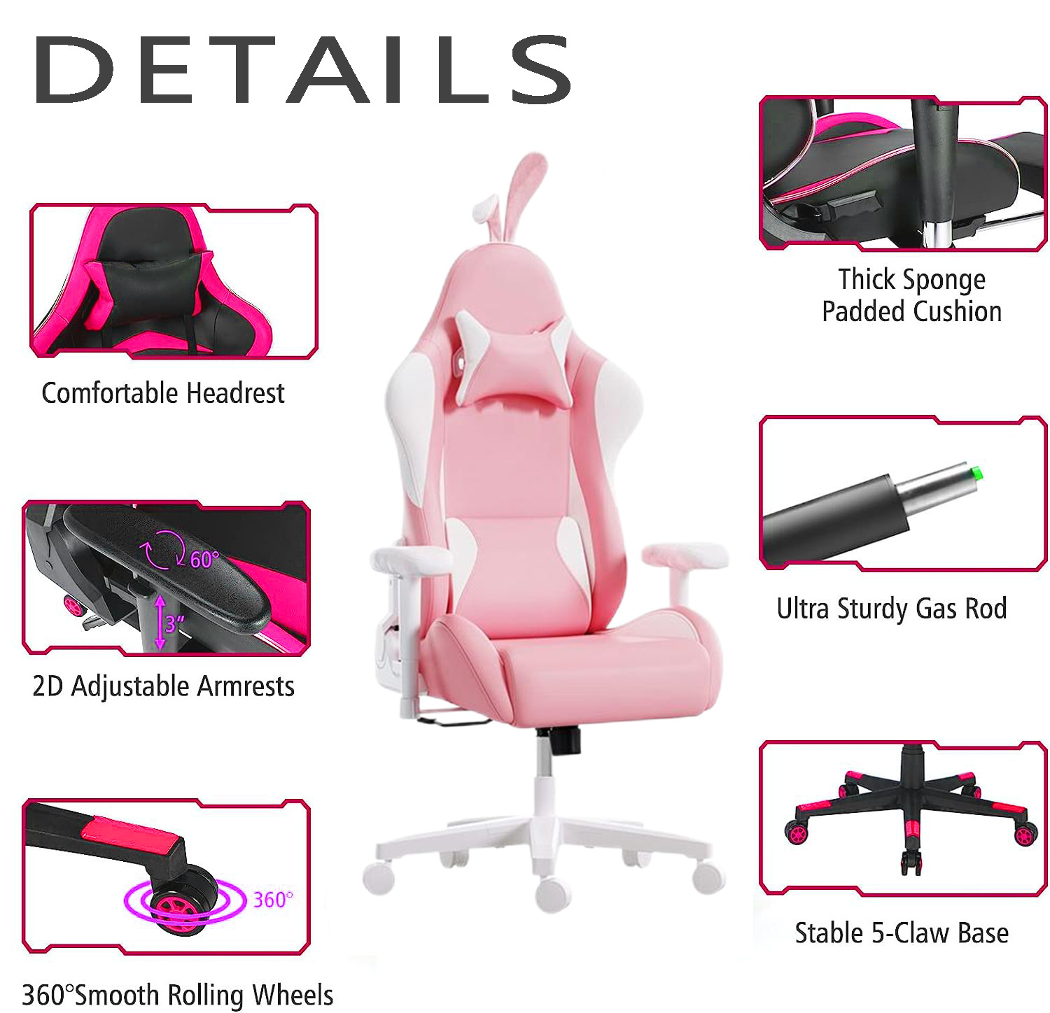 Indonesia Hot Sale Cute Pink Bunny Chair Rosa Silla Gamer 180 Chaise Sillas Recliner Sofa Gaming Chair with Rabbit Ears and Tail