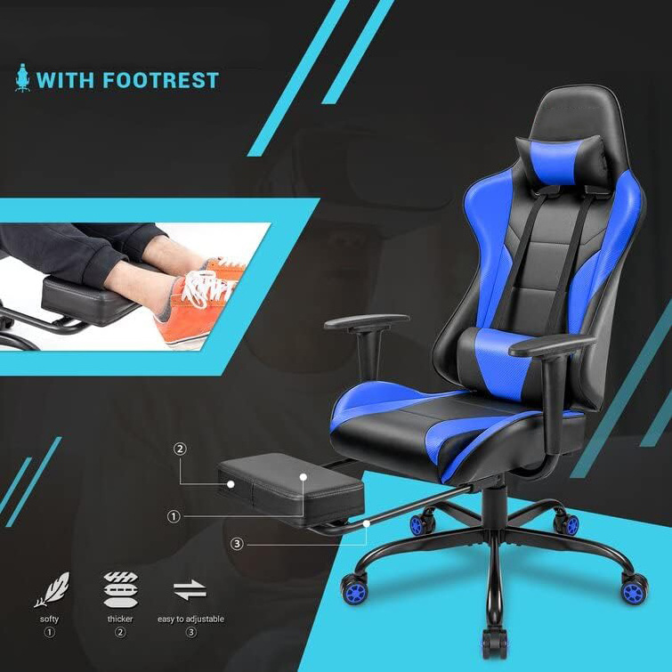 Max 150kg Cheap Blue Leather Chair Ergonormic Executive Swivel Lifting Chair Esports Cheap Gaming Chair with Footrest Metal Base