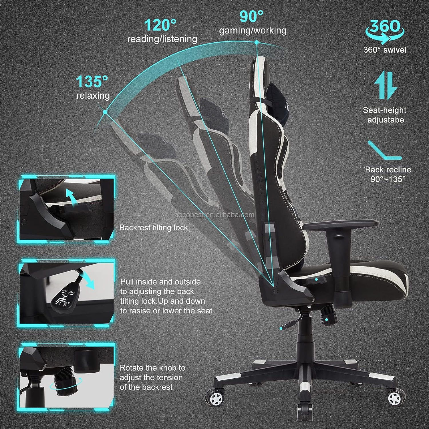 Hot Sales Black Dark Gray Tilt Rocking Chair Gaming Ergonomic Task Swivel Chair Sillas Gamer Chair for Pc Game Computer Office