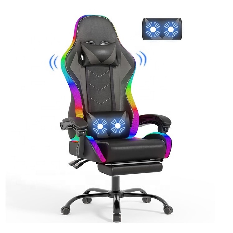 2024 Hot Sale White Rgb Video Music Speakers Massage Lumbar Support Recliner Desk Racing Gaming Chairs with Adjustable Headrest