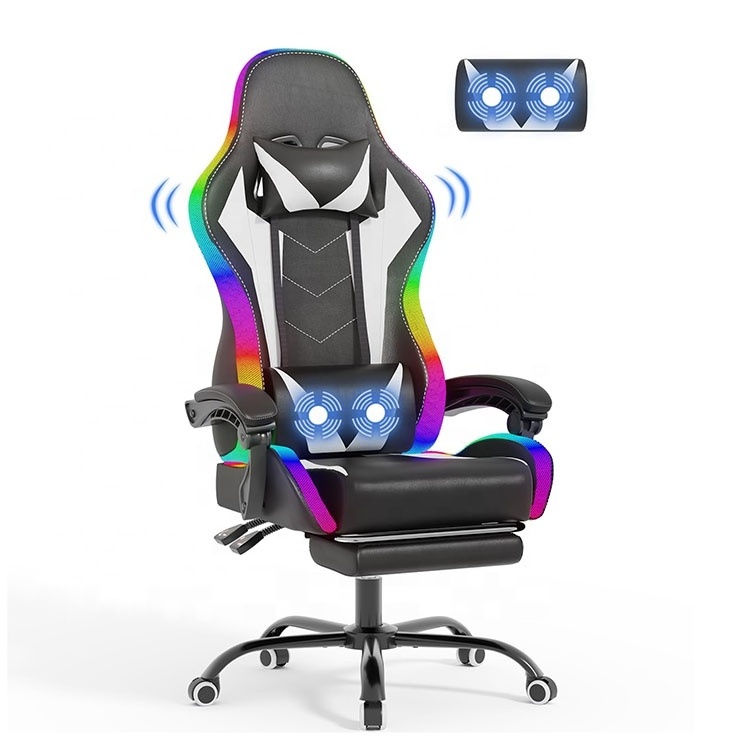 2024 Hot Sale White Rgb Video Music Speakers Massage Lumbar Support Recliner Desk Racing Gaming Chairs with Adjustable Headrest