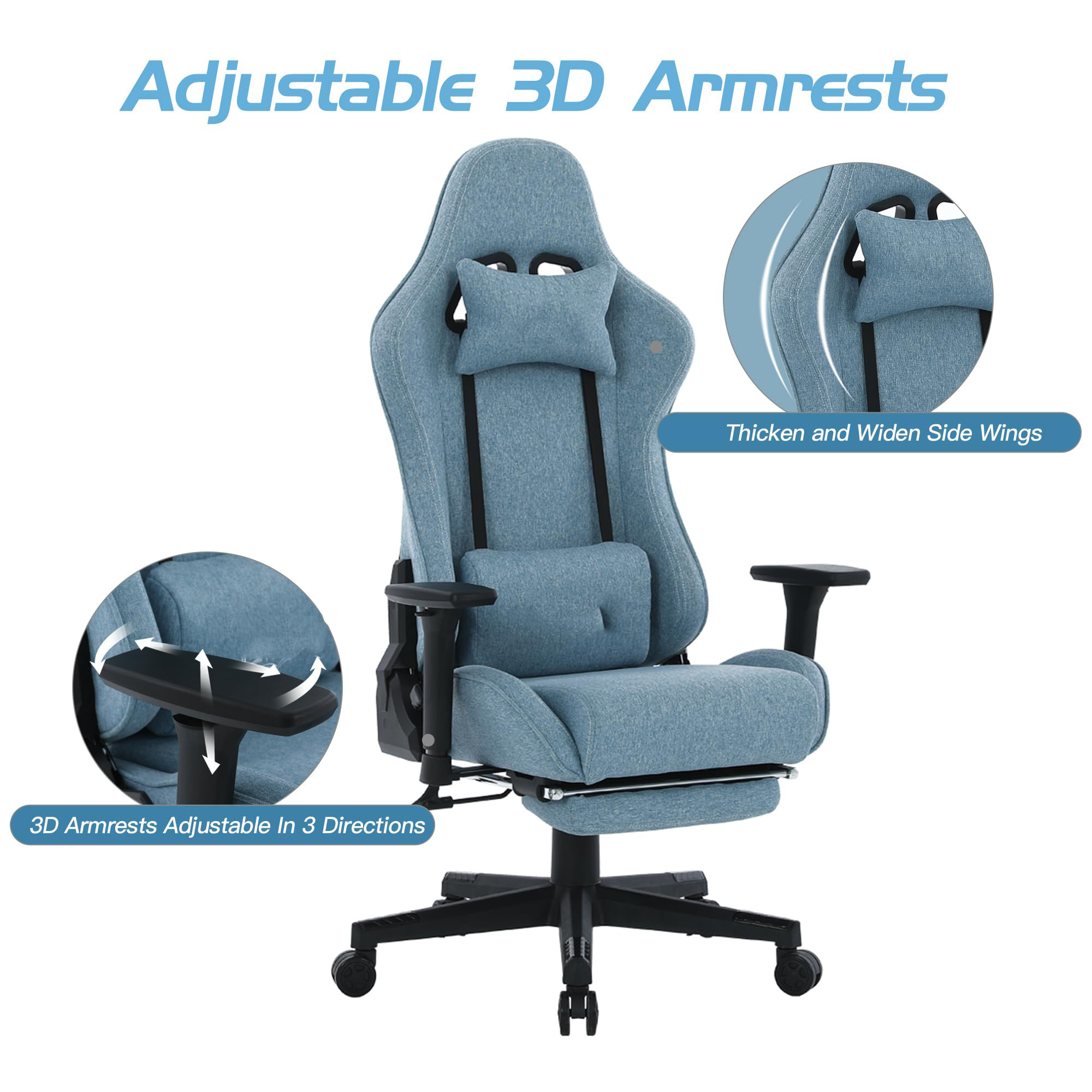 Cheap Hot Sale Brand New 2024 Oem Racing Office Superior Gaming Chair Blue Fabric Adjustable 3D Gaming Stuhl with Leg Support