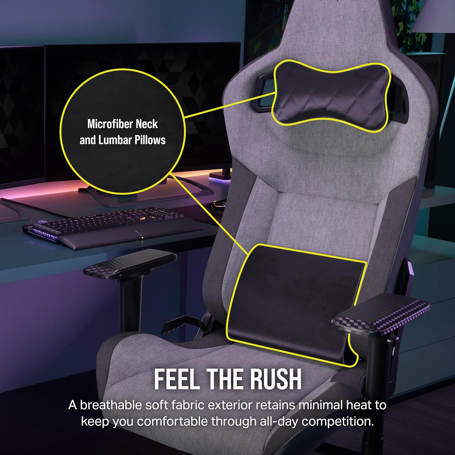 Hot Brazil Racing-Inspired Design Silla Gamer White Light Gray T3 Rush Fabric 4d Gaming Chair with Padded Neck Cushion 4d Arms