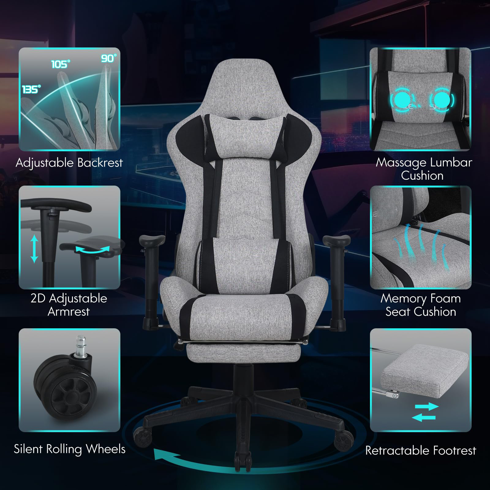 2024 Gray Comfortable Executive Pc Game Chair Grey Hot Good Price Silla Compute Gaming Chair with Massage Lumbar Support Cushion