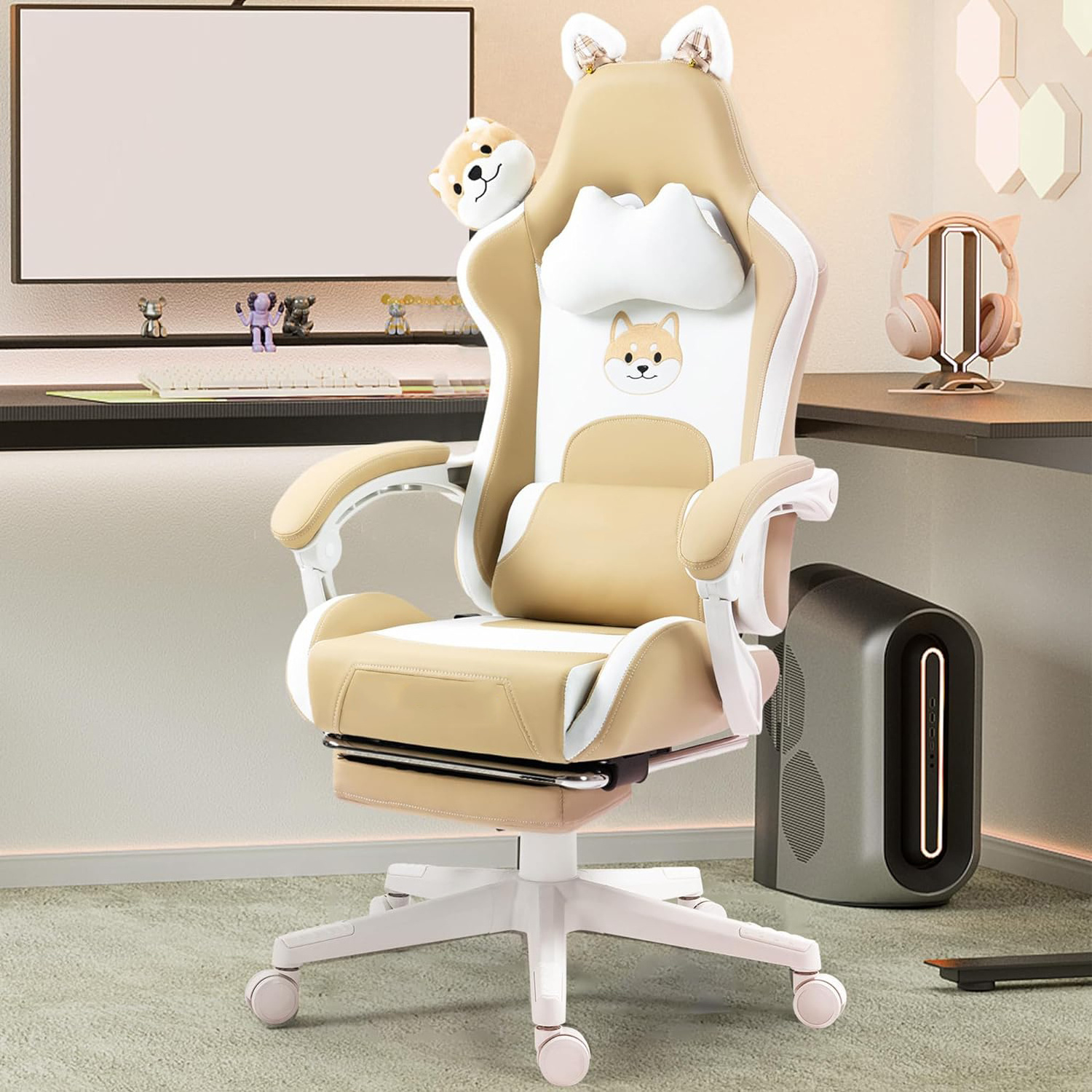 Spain Hot Ergonomic Computer Chair Free Sample Khaki Kawaii Shiba Inu White Cute Best Gaming Chair Pc Game Chair with Footrest