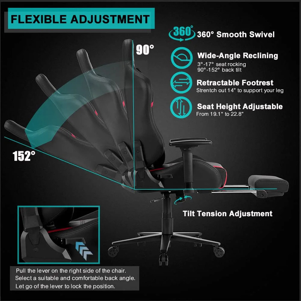 Professional Smooth Swivel Wide Angle Reclining Flexible Adjustment Red Chair Gaming Stuhl with Retractable Footrest 3D Armrests