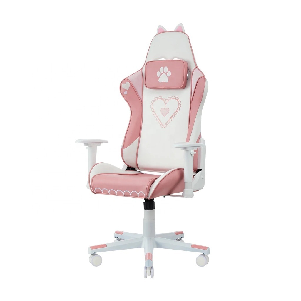 European Pink Colour Lovely Gamer Chair Cat Girl Chair Cute Pink Leather Gaming Chair with cat paw cushion for girls