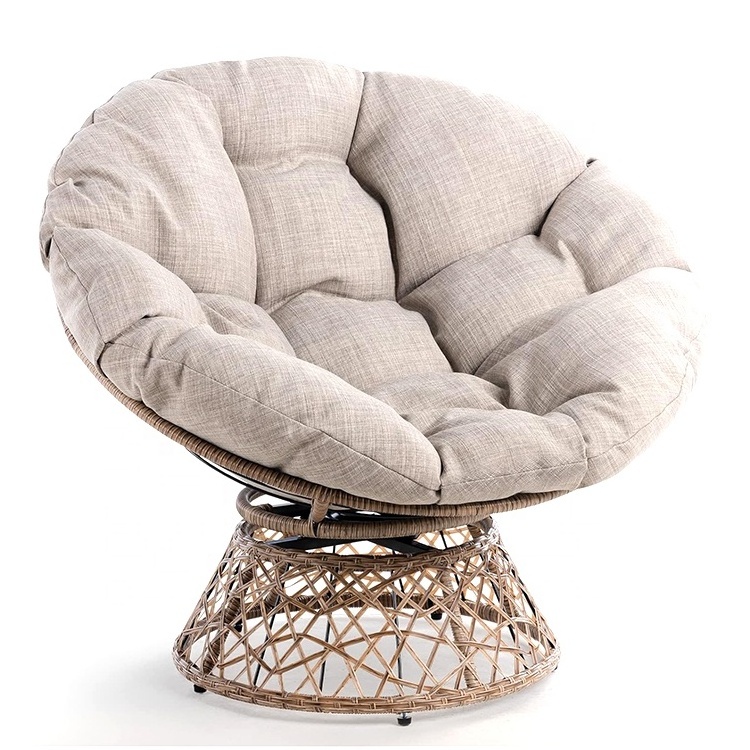 Best Selling Garden Furniture Round Rattan White Base Ergonomic Wicker Papasan Chair with Blue Soft Thick Density Fabric Cushion