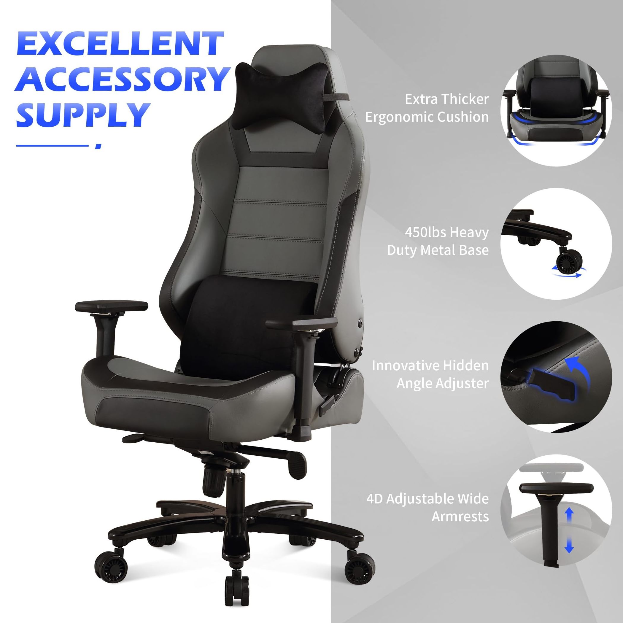 450lbs Gaming Chair Ergonomic Gaming Chair with Massage Function Widen Metal Base Heavy Duty Task Office Chair for Heavy People